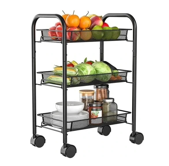 3-Tier Mesh Storage Trolley Rolling Cart Easy Set-Up for Bedroom Living Room Portable Stable Mobile Storage Solution Black Metal
