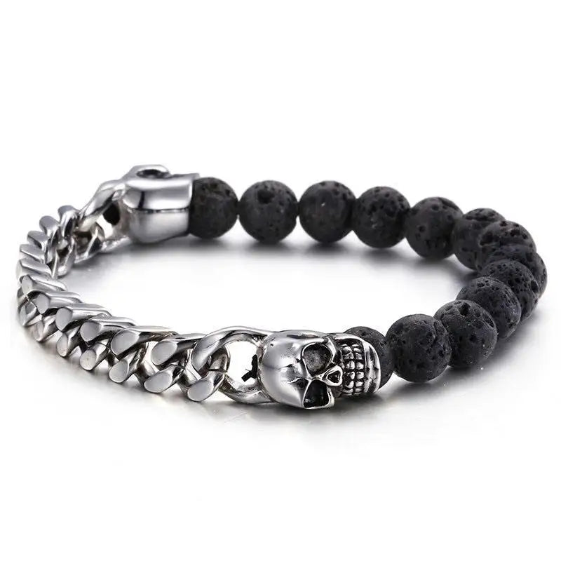 Men's Curb Chain 8MM Black Lava Rock Stone Beads Bracelet Stainless Steel Skulls Buddha Casting Titanium Bracelet KL-001