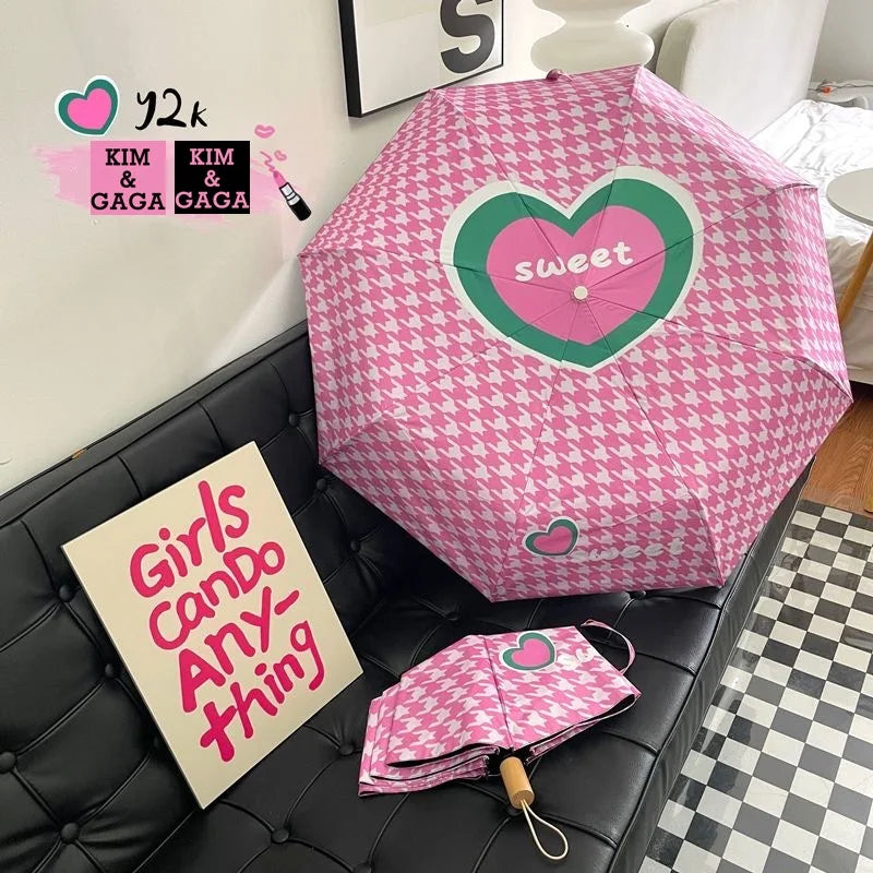 Factory Wholesale Cute Pink Love Design Manual Control 3 Folding Umbrellas Printed Polyester Portable Sunshade for Men Women
