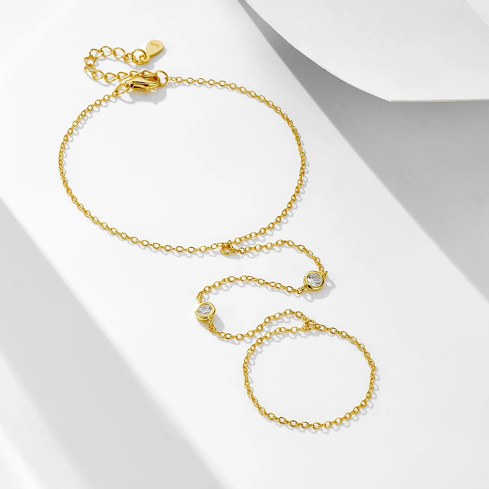 Personality Trend 14K Gold Plated Ring Bracelet 925 Sterling Silver Round Zircon Finger Chain Bracelets for Women Jewelry