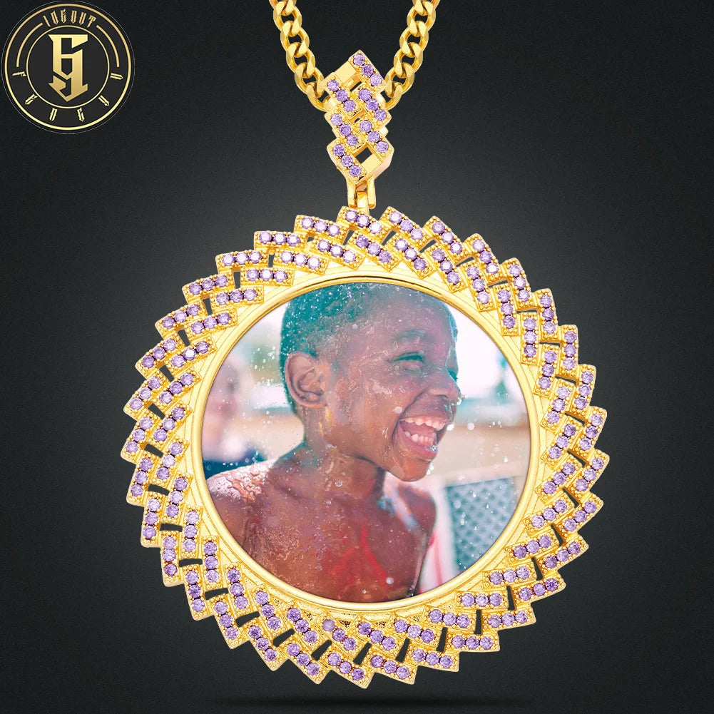 Customized Cubic Zirconia Photo Medallion Bling Personality Cuban Link Side Picture Memory Pendant Necklace Hip Hop Jewelry