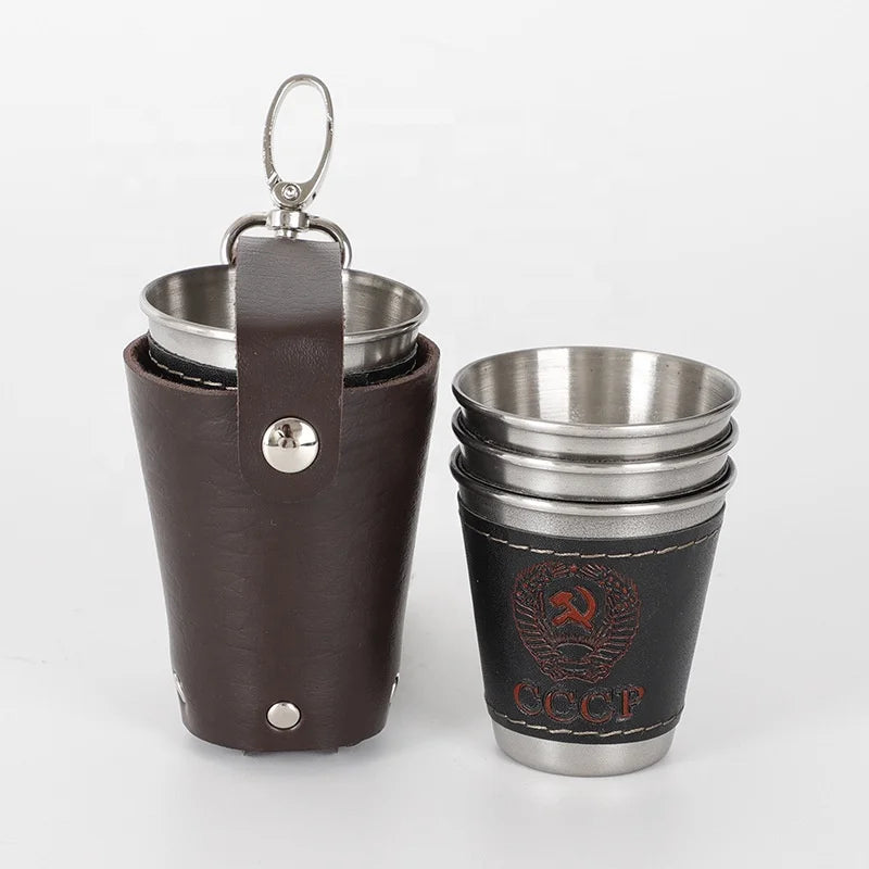 Shot Glasses Custom Set 4pcs Drinking Vessel 75ml Metal Shot Glass with PU Leather Case Stainless Steel Mini Cup Travel MegaBDM