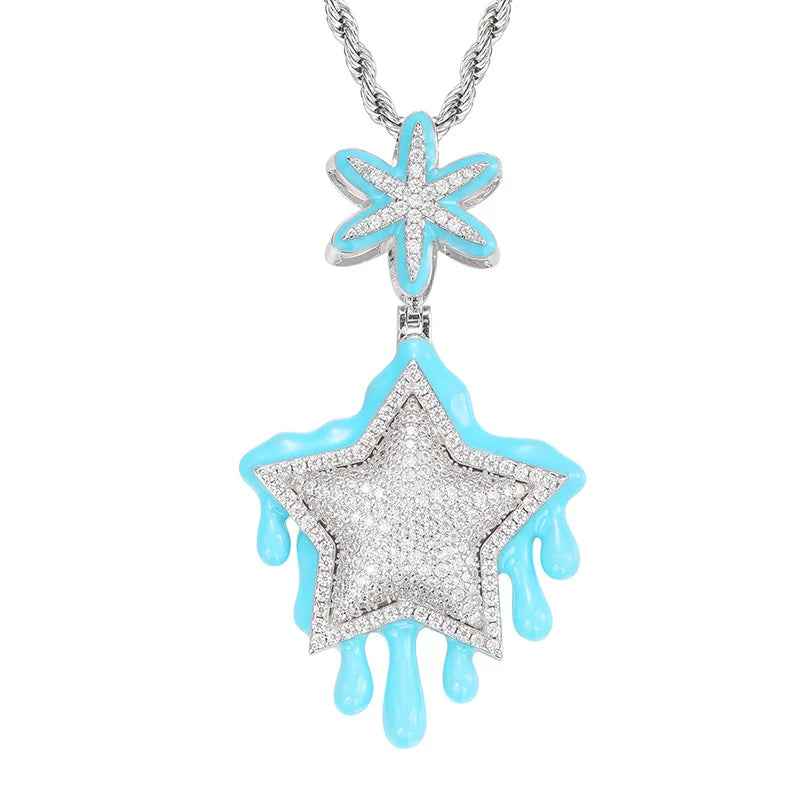 Hiphop Jewelry Glow-In-The-Dark Drop Glue Drop Pentagram Pendant Full of Zircon 925 Sterling Pentagram CZ Pendant Necklace