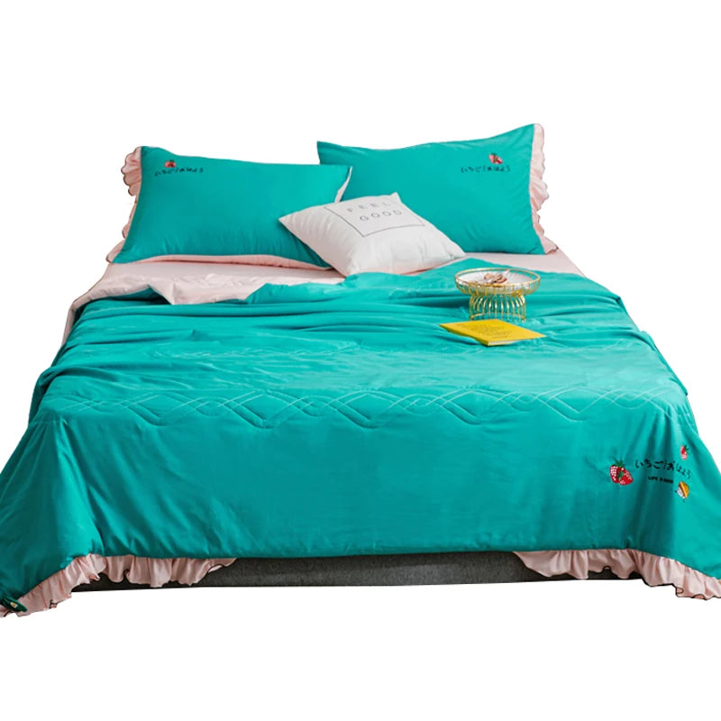 Ready to Ship Peacock Blue Air Conditioning Quilt Silk Bedding Sets Seamless Bedding Set