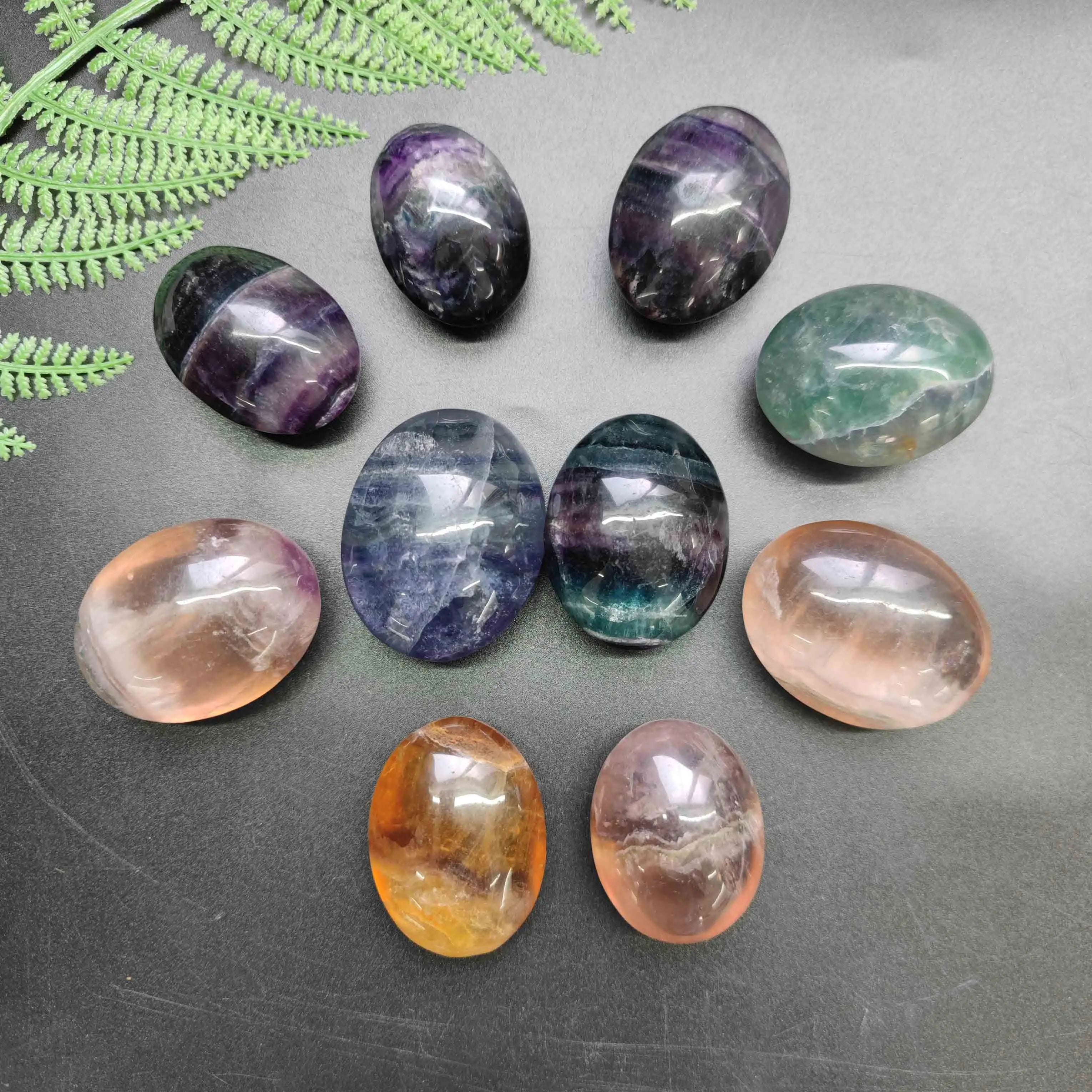 Hot Sale Natural Crystals Healing Worry Stones Rainbow Fluorite Palm Stone for Decoration