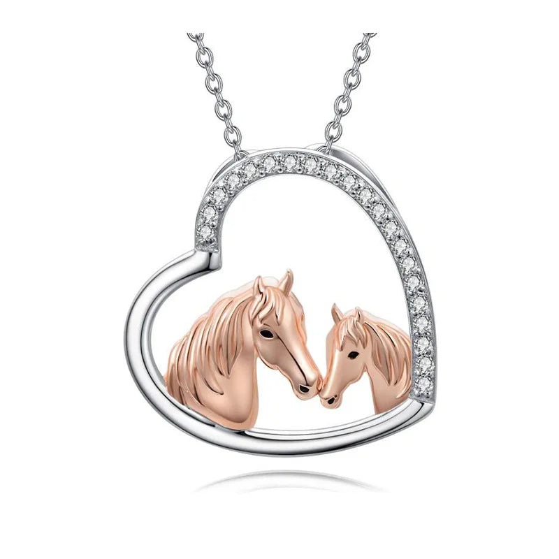 Fine Jewelry 925 Sterling Silver Two Tone Heart Double Horse Pendant Necklace