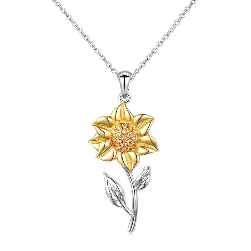 GP124 Bicolor Sunflower Necklace Pendant S925 Silver CZ Heart Necklace You Are My Sunshine Gifts Sunflower Jewelry for Girls