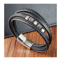 YUNSE 4 Layers Leather Bangle Stainless Steel Magnetic Clasp Charm Punk Genuine Bracelet Aigs Certified for Men Birthday Gift