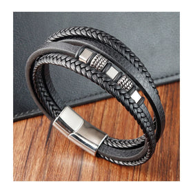 YUNSE 4 Layers Leather Bangle Stainless Steel Magnetic Clasp Charm Punk Genuine Bracelet Aigs Certified for Men Birthday Gift