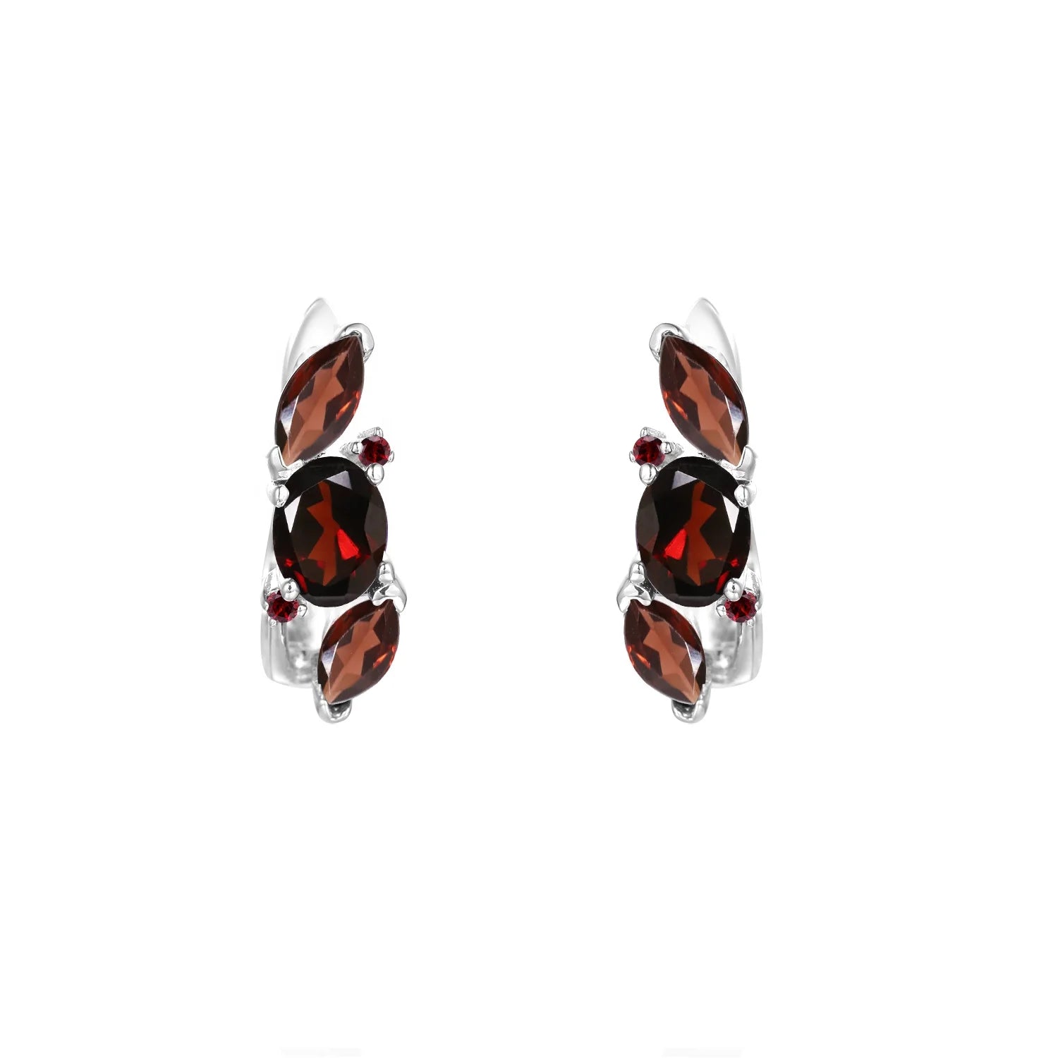 Abiding Classic Fashion Natural Garnet Gemstone 925 Sterling Silver Jewelry Earring Three Stone Hoop Earrings for Women