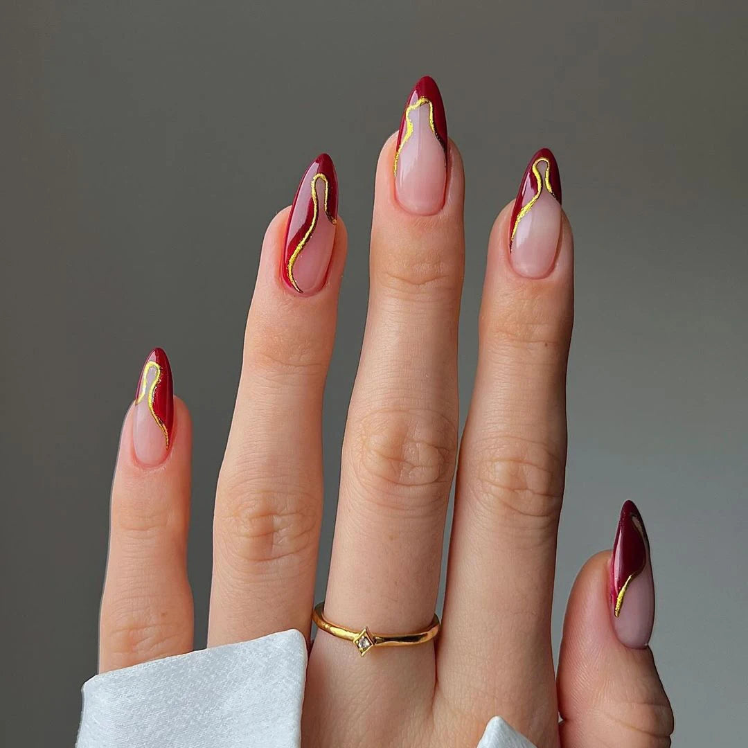Private Label Short Almond French Tip Custom Golden Design Christmas Press on Nails Wholesale Soft Gel Red Fake Nails Press on