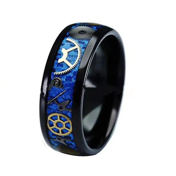 Blue Carbon Fiber Inlaid Mechanical Watch Gear Parts Titanium and Stainless Steel Ring Set With Gemstone Silver Inlay