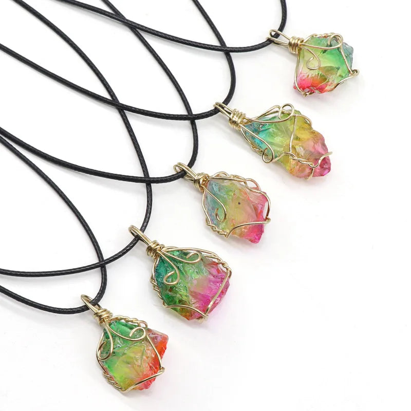 Huiying Wholesale Chakra Healing Crystal Pendant Rainbow Colorful Raw Stones Pendant Jewelry