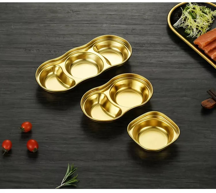 Wholesale Eco-Friendly Korean Design Polished 304 Stainless Steel Durable Rectangle Barbecue Dipping Sauce Plate Divided Dish