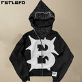 Custom Graphic 100% Cotton Oversized Distressed Patch Embroidery  Stone Acid Wash Zipper Crop Rhinestones Applique Hoodies Men