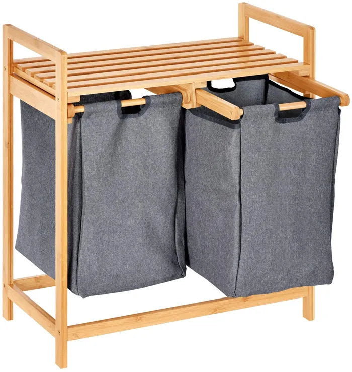 Wholesale Two Sections Removable Sorter Laundry Basket Shelf Bamboo Laundry Hamper