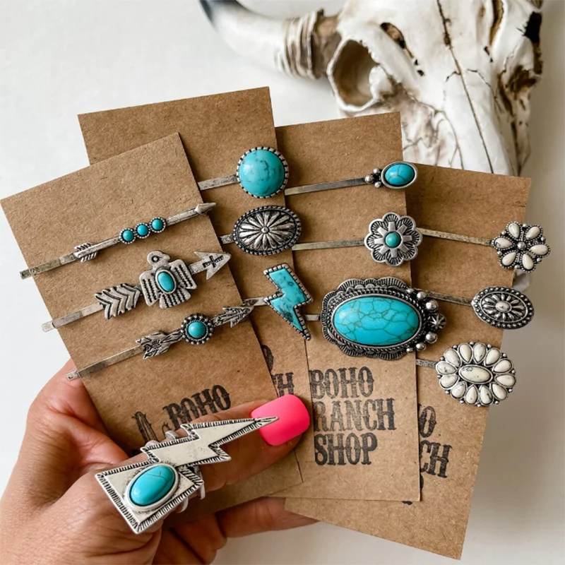 Western Turquoise Decorative Hair Accessories for Women Vintage Hair Pins Retro Hairpins Clips Headwear Hair Bobby Pins Set