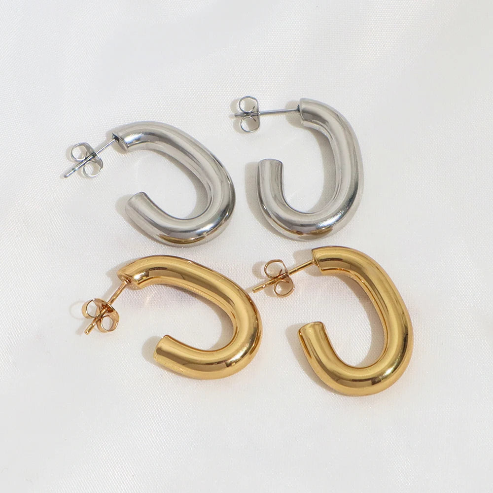 Waterproof 18K Gold Plated Stainless Steel Hoop Earrings Jewelry Hypoallergenic CC Stud Earrings for Women