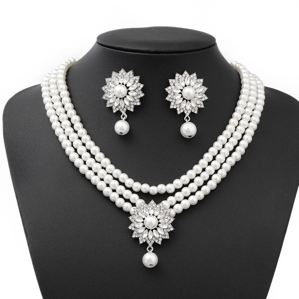 Vintage Pearl Flower Design Alloy Necklace Gift Set for Women's Wedding & Engagement Jewelry with Beaded Necklaces and Earrings