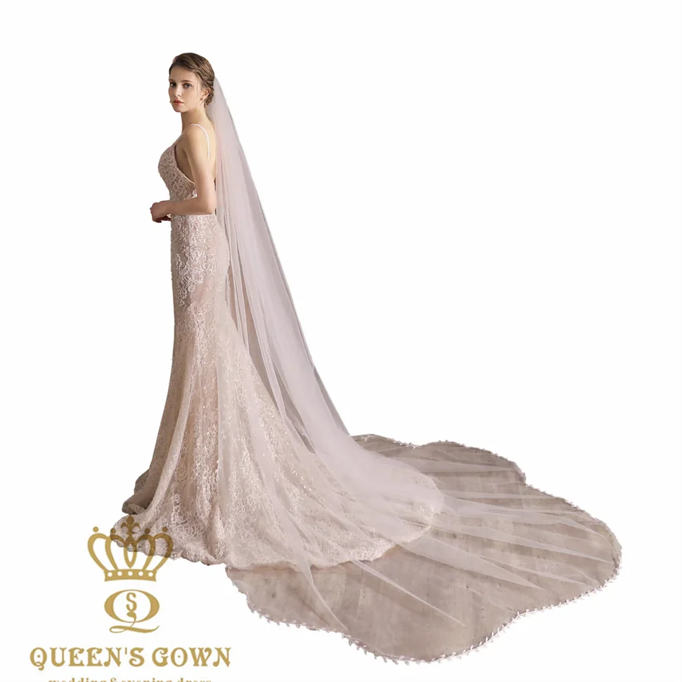QUEENSGOWN Exquisite Long Train Petal Shaped Lace Bridal Veil Embroidered Leaves Edge Wedding Dress Accessories