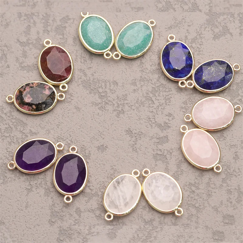 Natural Stone Brass 18K Gold Plated Double Sided Faceted Oval Connectors Pendants/Charms for Jewelry Making
