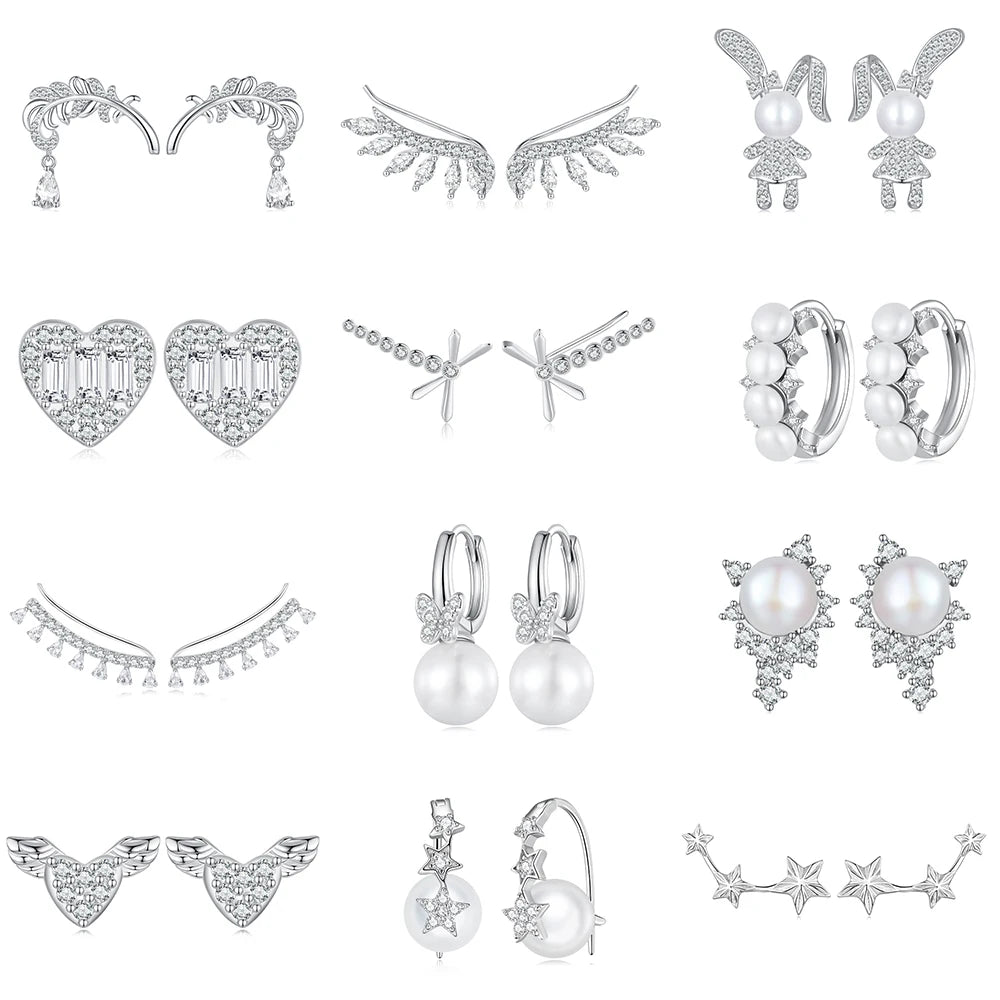 Fine Silver Jewelry 925 Sterling Silver Decorative Vine Hollow Pattern Cute Zircon Hoop Earrings Pearl Water Drop Ear Buckles