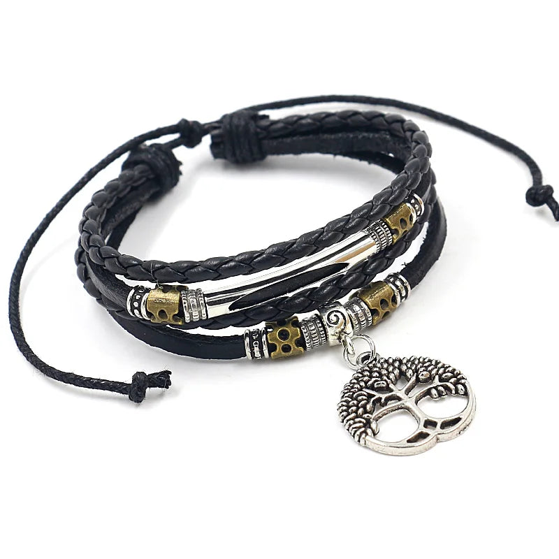 Vintage Jewelry Multi-layer Beaded Alloy Tree of Life Pendant Leather Woven Bracelet for Men