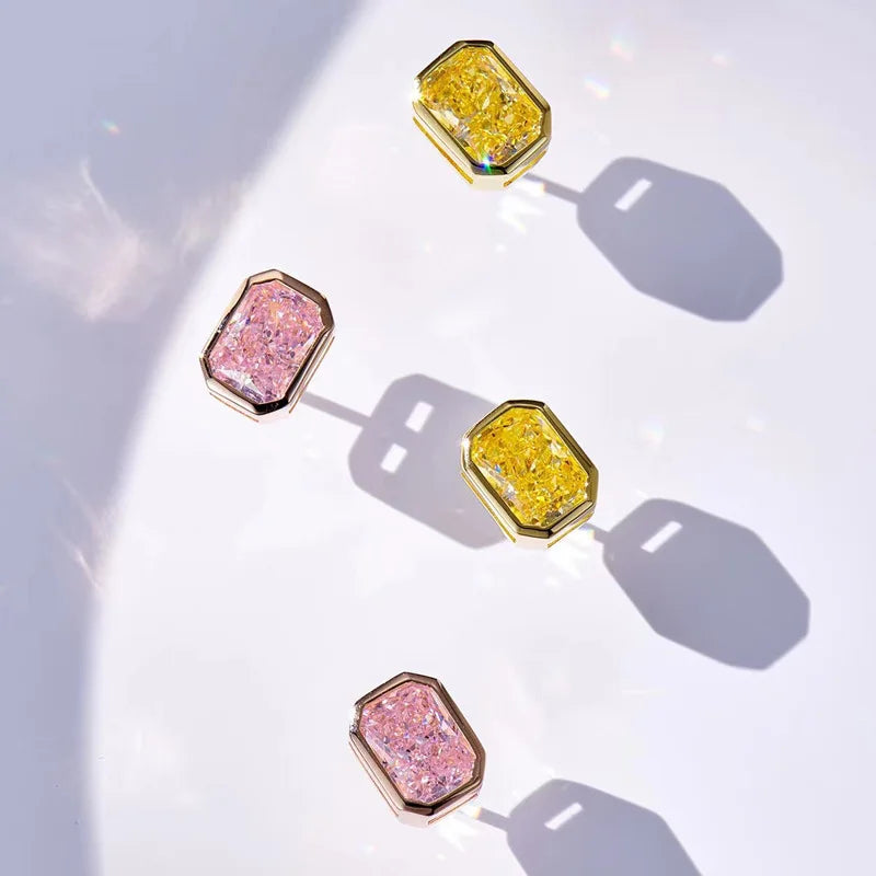 Aimgal NGTC Certified 8*10mm Radiant Cut Lab Pink & Yellow 8A High-Carbon Diamond Stud Earrings 18K Gold-Plated S925 Silver