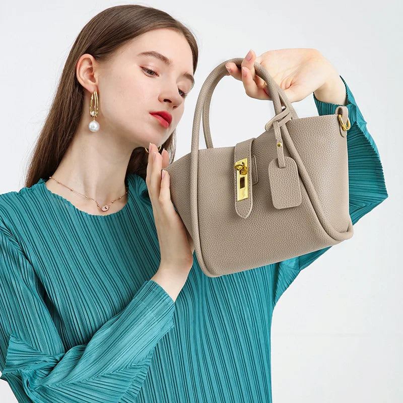 Minimalist Genuine Leather Tote Handbag for Women Luxury Texture Cowhide Top-Handle Bag Elegant Female Crossbody Messenger Purse