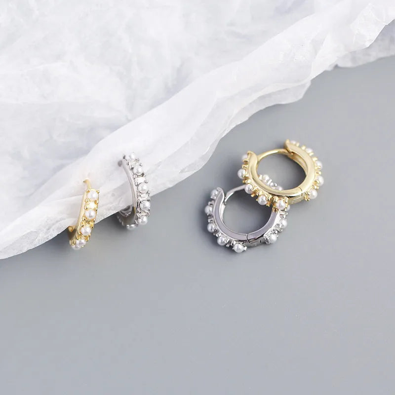 Fashion 18K Gold Plated 925 Sterling Silver Small Pearl Huggie Hoop Earrings for Women