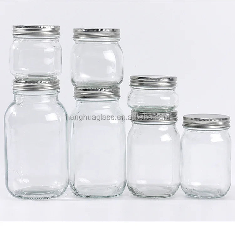 Factray Square Round Glass Mason Jars 150ml 250ml 300ml 380ml 500ml 750ml 1000ml Wide Mouth Glass Jam  Honey Pickles Storage Jar