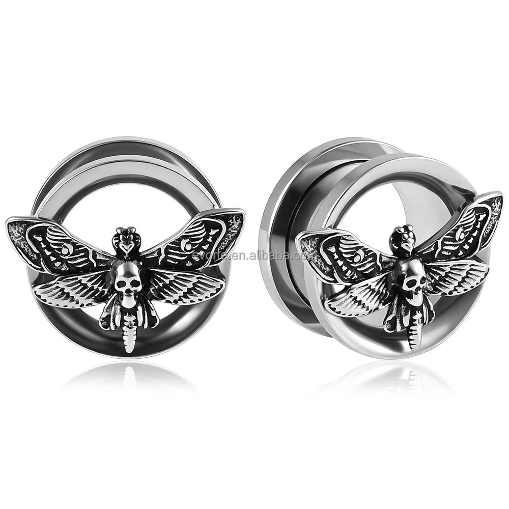 Evorte 10pcs Vintage 316L Stainless Steel Moth Saddle Ear Plugs Tunnel Gauges Ear Weights Stretcher Punk Black Piercing Jewelry