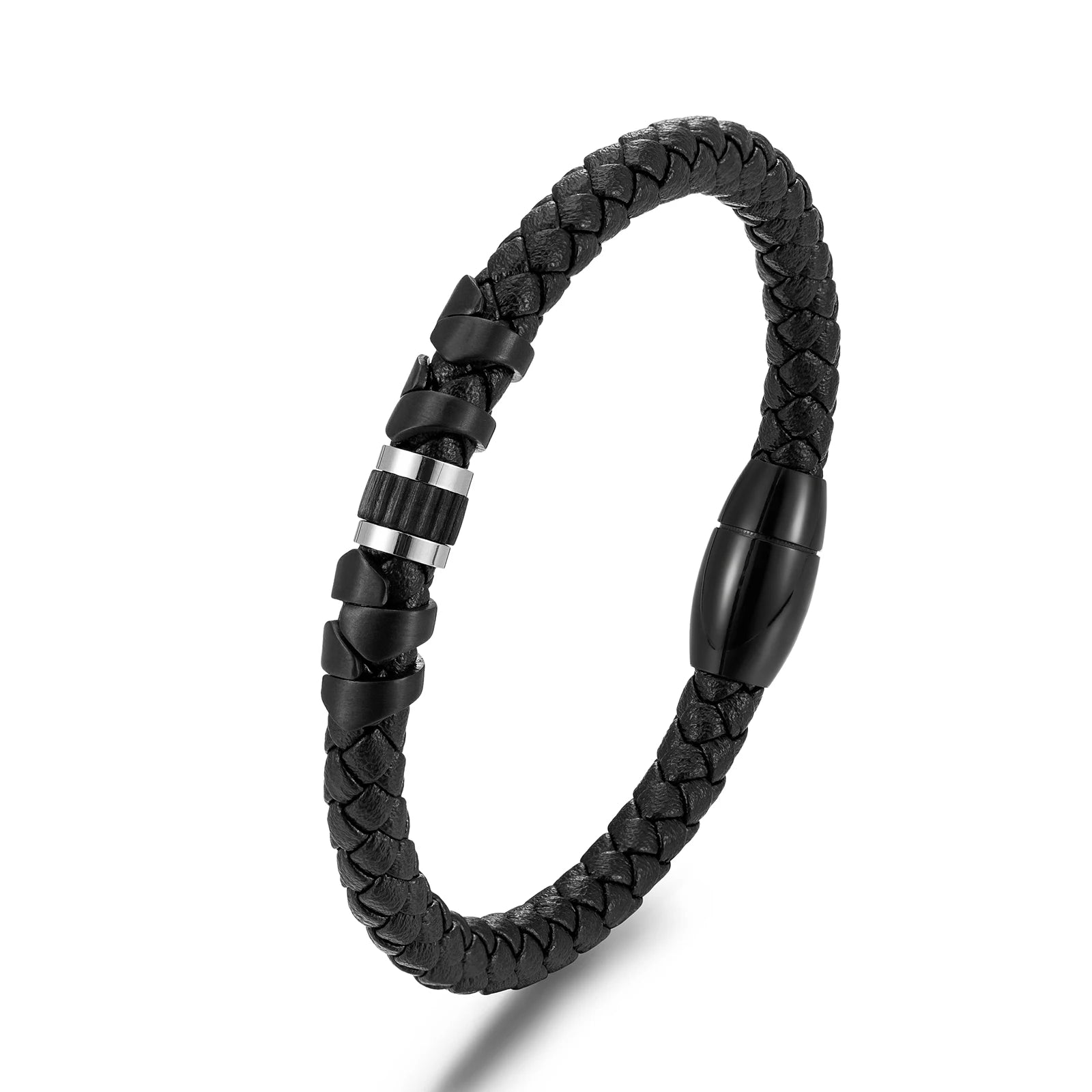Fashion Fine Man Jewelry Black Leather Cuff Bracelet Woven Stainless Steel Leather  Bracelet for Man
