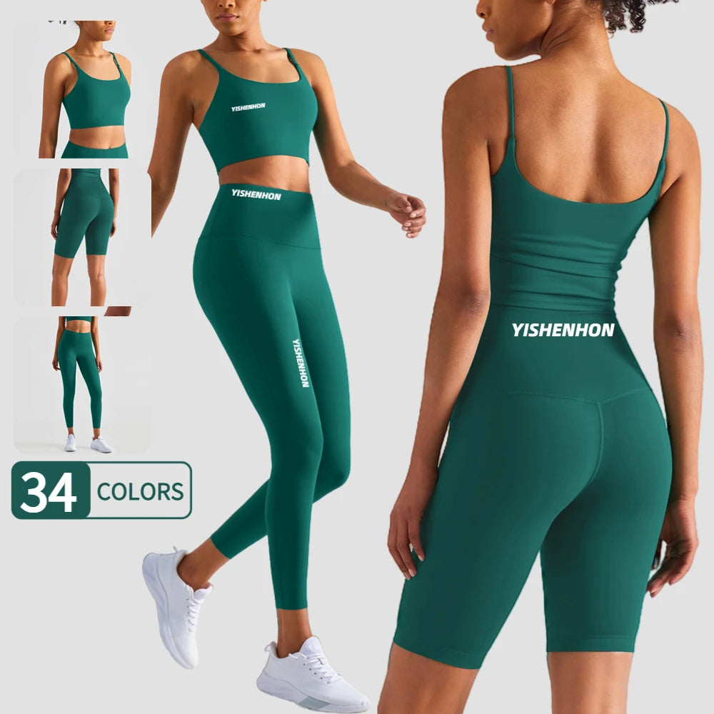 YISHENHON 3Pcs Yoga Vest Women Sportswear Sport Bra Top Pants Workout Clothing Sport Leggings Gym Fitness Yoga Activewear Sets