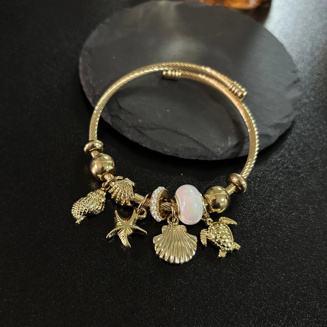 2025 Sea Life Summer Travelling Star Fish Shell Turtle Charms Stainless Steel Bangle Women Charms Bracelets