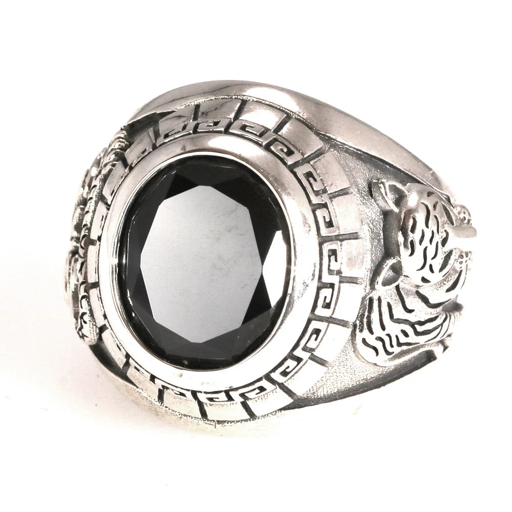 Genuine Pure 925 Sterling Silver Turkish Men Rings Dragon Tiger Ring with Black Onyx Vintage Engraving Punk Rock Vintage Jewelry