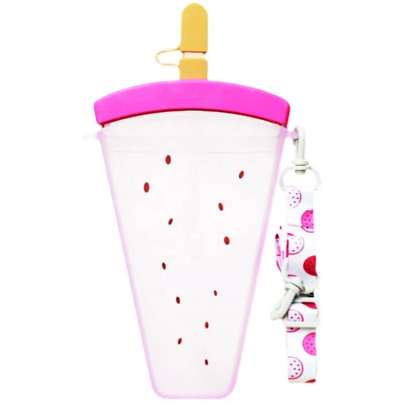 Cute Straw Cup New Popsicle Water Bottle With Rope Outdoor Transparent Suitable for Adult Children Plastic Juice Drinking Cup