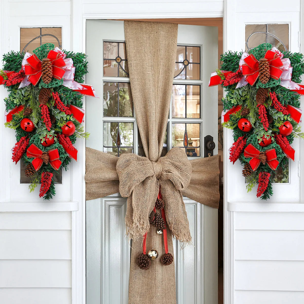 Bow Pine Cone Rattan Decorative Wall Door Hanging Christmas Ribbon Bell Hanging Upside Down Tree