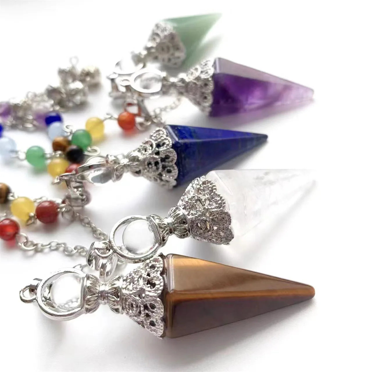 Natural Stone 7 Chakra Chain Spirit Pendulum Hexagonal Cone Healing Crystal Quartz Amethyst Pendulum