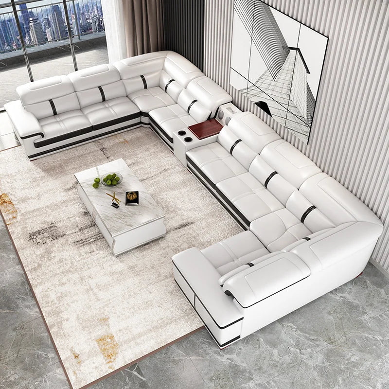 Premium 8-Seater U-Shaped Microfiber Leather Sectional Sofa with Built-in Bluetooth Speakers - Luxury Living Room Set