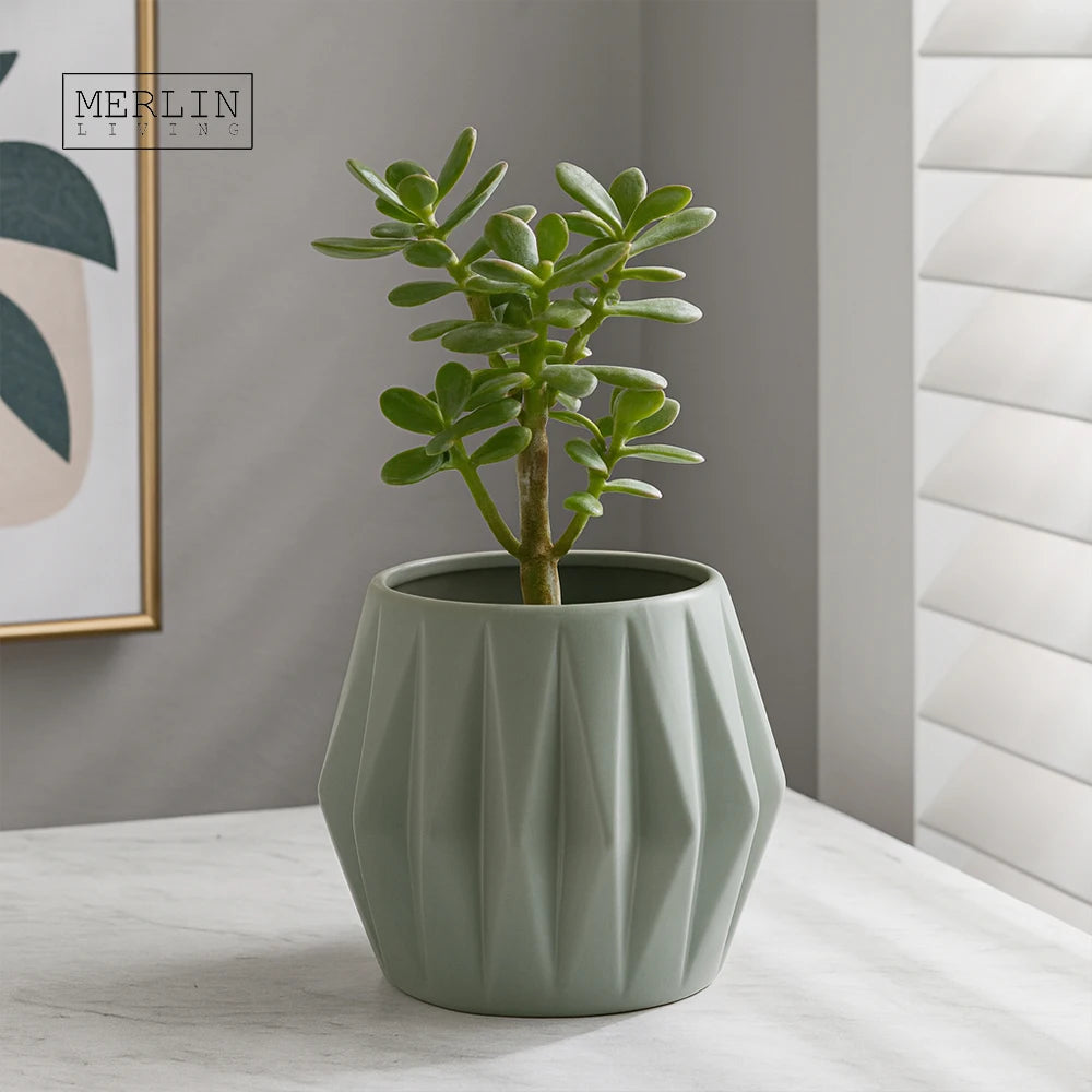Merlin Living Geometric Ribbed Ceramic Vase Modern Nordic Matte Smooth Plant Bottle for Garden Supplies Flower Vase