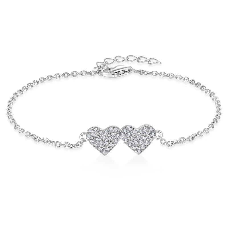 Wholesale Custom Trendy Luxury White Mini Cubic Zirconia Rhodium Plated Gifts Women 925 Sterling Silver Diamond Heart Bracelets
