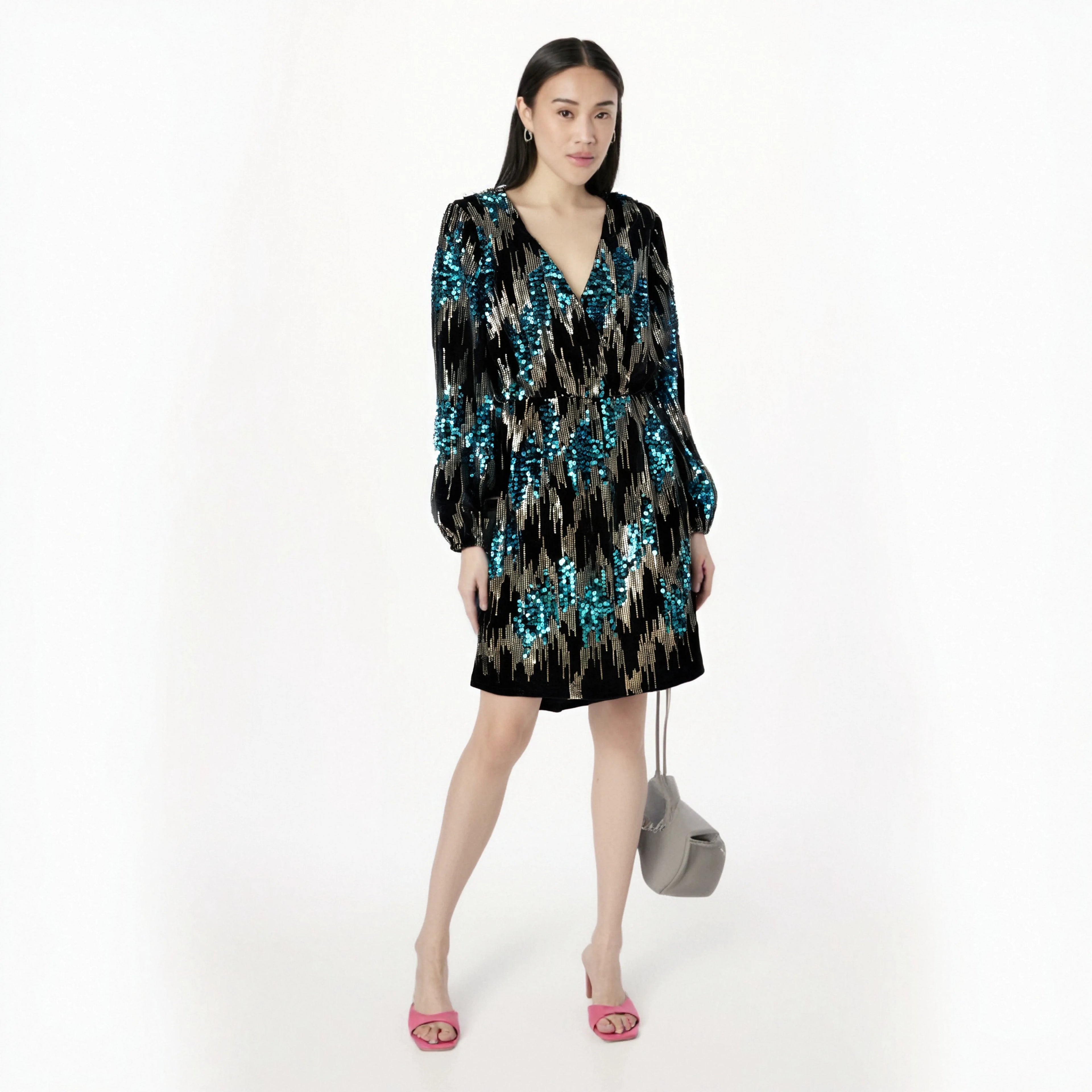 Elegant Long Sleeves Dress for Date Sequin Prom Dress Short Evening Dress for Women