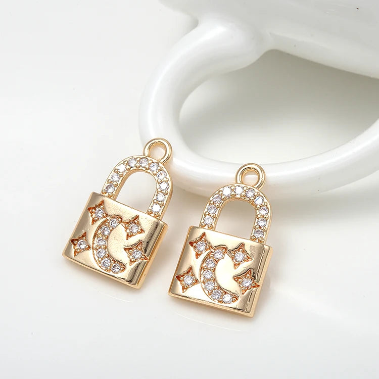 Hot Selling 14K Gold Plated Necklace Inlaid With Stars Moon Zircon Pendant Lock Shaped Necklace Bracelet Jewelry Making Charms