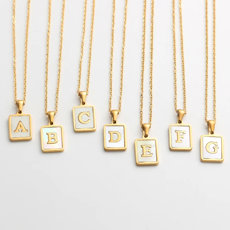 2022 Fashion Tarnish Free Shell Square Letter Necklace Stainless Steel 18K Gold Plated Initial Pendant Necklace