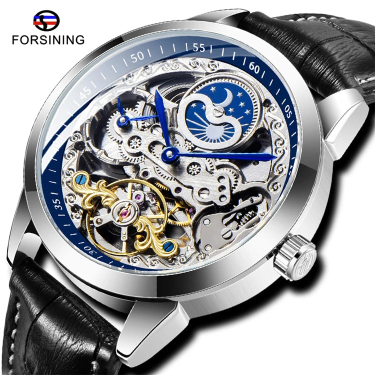 New Forsining For55 Moon Phase Skeleton Dial Mechanical Men Watch Automatic Self-Wind Leather Strap Sport Wristwatch