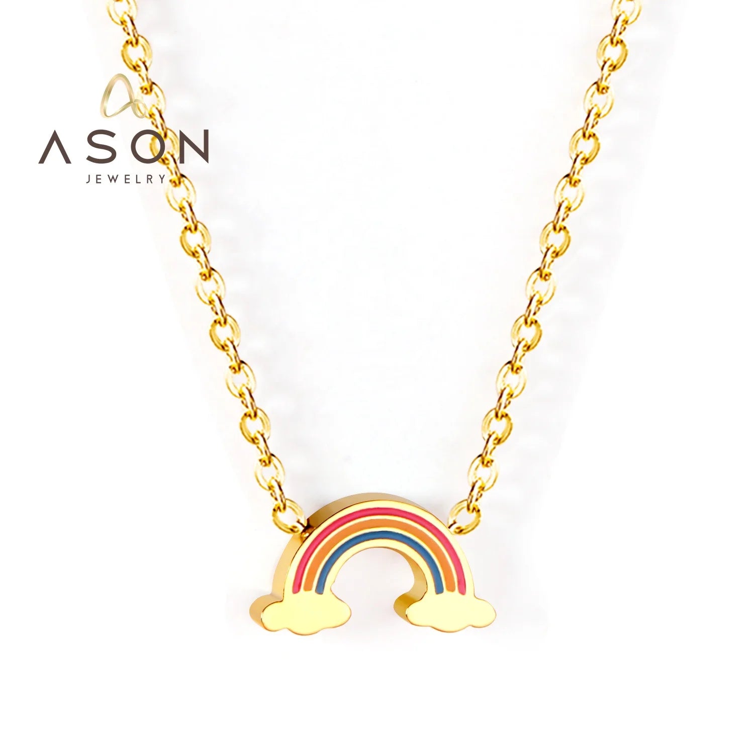 Ason Kids Jewelry Fashion Chain Necklace Pvd 18k Gold Plated Stainless Steel Waterproof Treasure Rainbow Charm Pendant Necklace