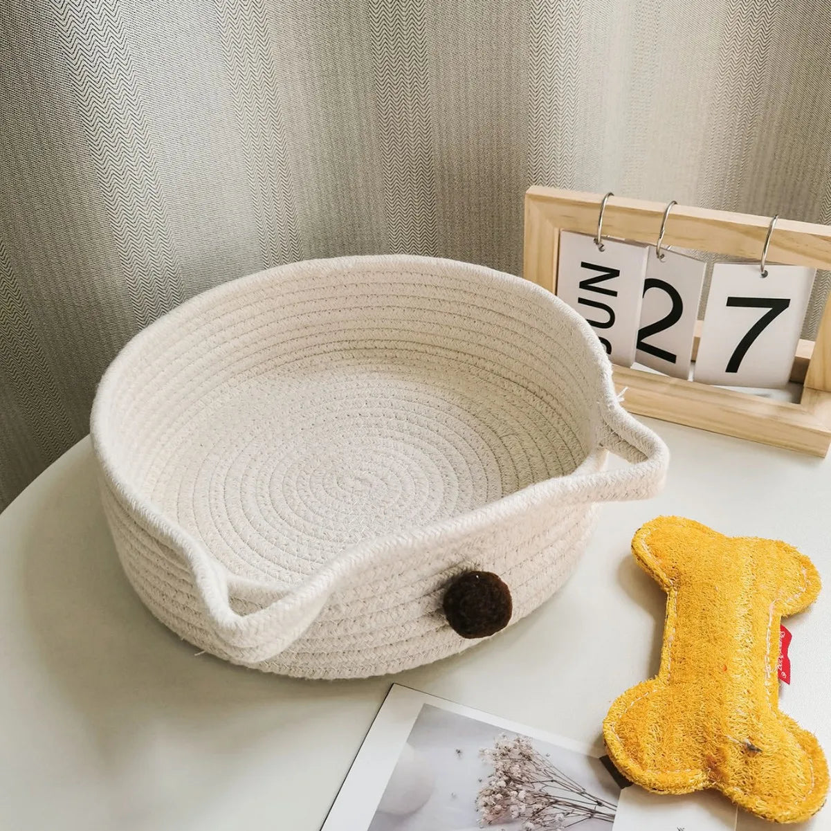 Pet Toy Storage Cotton Rope Storage Cat Basket With Ears Living Room Cat Cushion Nest