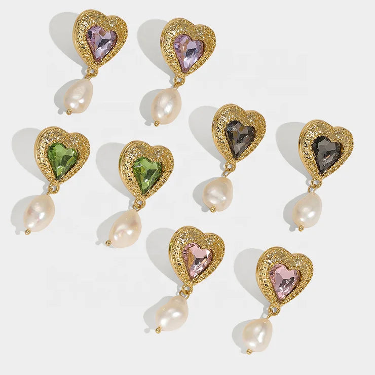 Vintage Lovely Brass Gold Plated With Heart-shaped Colored Gemstone Baroque Pearls Earrings