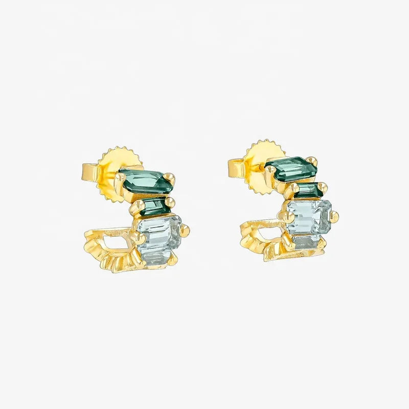 LOZRUNVE 925 Silver Luxury Baguette Emerald Cut Gradient Colored Open Hoop Earring